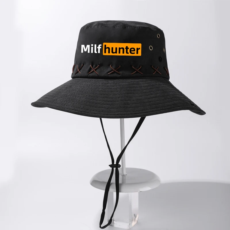 Milf Hunter Print Retro Outdoor Hiking Hat Men 10cm Wide Brim Sun Hat UV Protection Fishing Safari Cap Fixed WindRope Bucket Hat