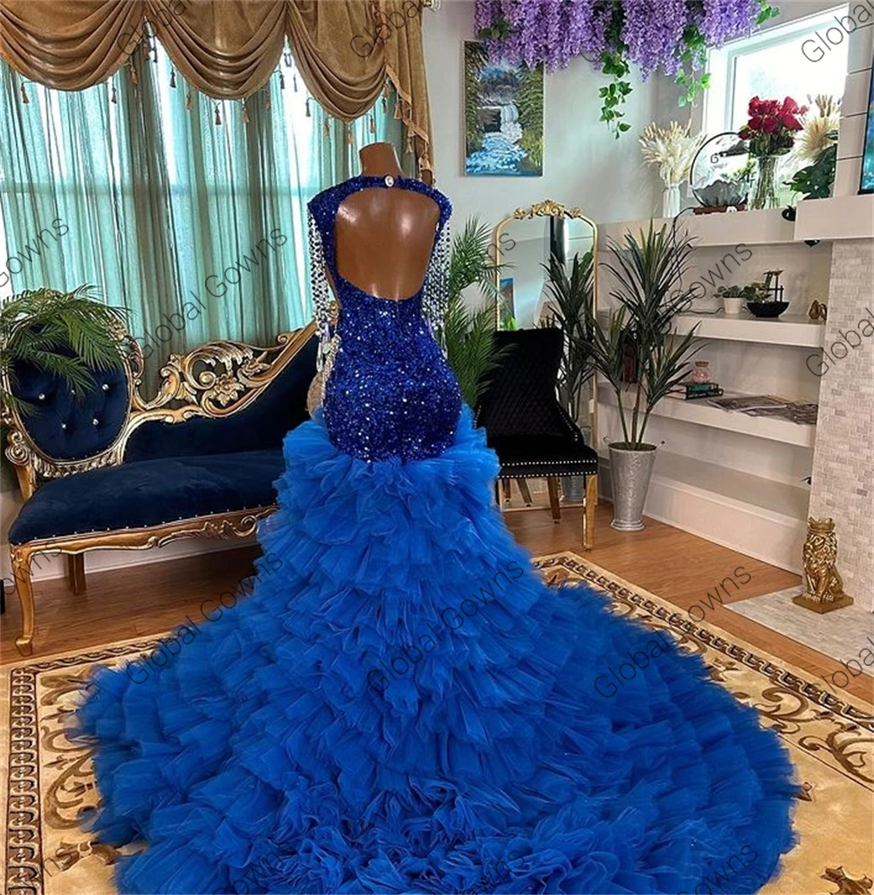 Royal Blue Long Prom Dress For Black Girls 2024 Beaded Crystal Tassel Birthday Gown Sequin Ruffle High Slit Evening Customized