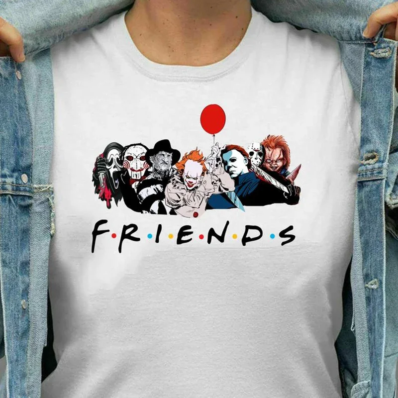 Camiseta de amigos, los mejores personajes de terror de Stephen King, camisetas de moda con estampado de dibujos animados para mujer, ropa de Halloween, ropa estética para mujer