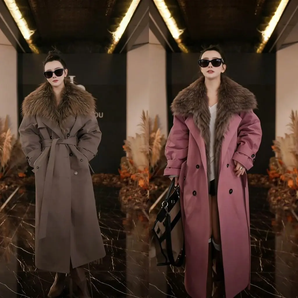 

Loose Fit Long over Knee Coat with Fur Collar Belted Warm Women's High End Korean Sle Commute Winter Faion Outerwear