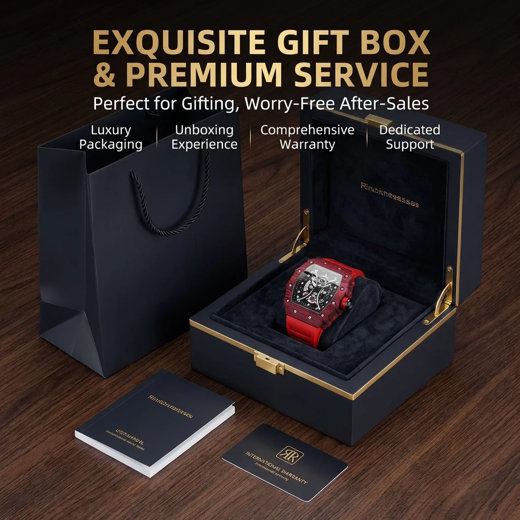 4pc Men's Red Wood Grain Silicone Luxury Modern Star Screw Decor Sunglasses Perfume Mechanical Watch Gift Set