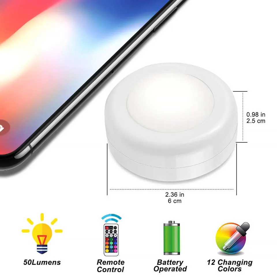 

Светодиодный светильник RGB с 16 цветами, диммируемый, с пультом ДУ, на батарейках, для установки под шкаф, для кухни, гардероба, ночник