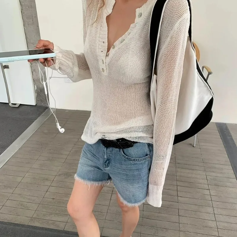 Womens Loose Hollow Knit Blouse Summer Lightweight Breathable Sun Protection Casual Long Sleeve Cover Up Tops