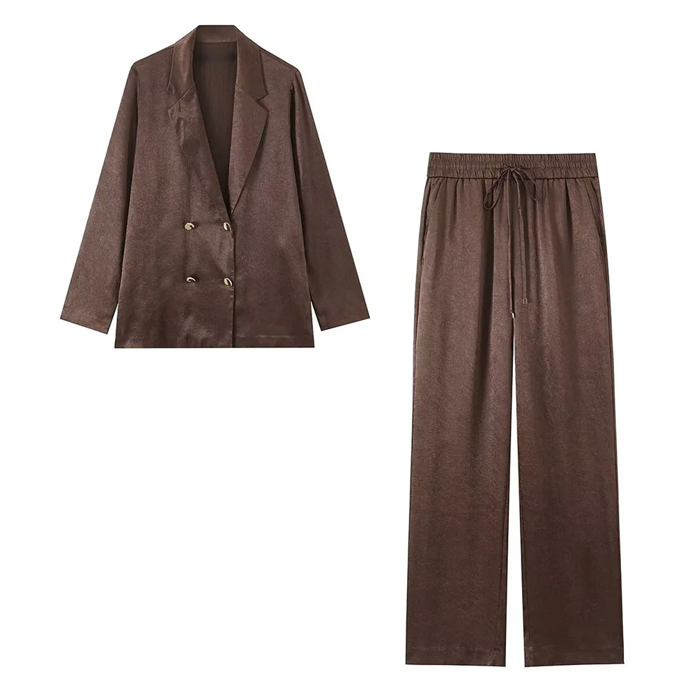 2026 nieuwe damesmode casual revers lange mouwen dubbelgeknoopte losse colbert hoge taille wijde pijpen broek