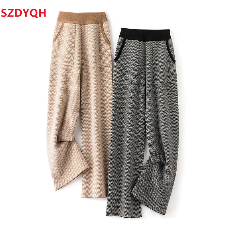 2023 Autumn Winter Women 100% Wool Pants Soft Waxy Comfortable High-Waist Knitted Trousers Female Fashion Thicken Wide Leg Pants