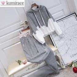 2024 Spring Grey White Spliced Hoodie Lace Up Pencil Pants Two Piece Set of Korean Style Female Student Sports Set Tracksuit