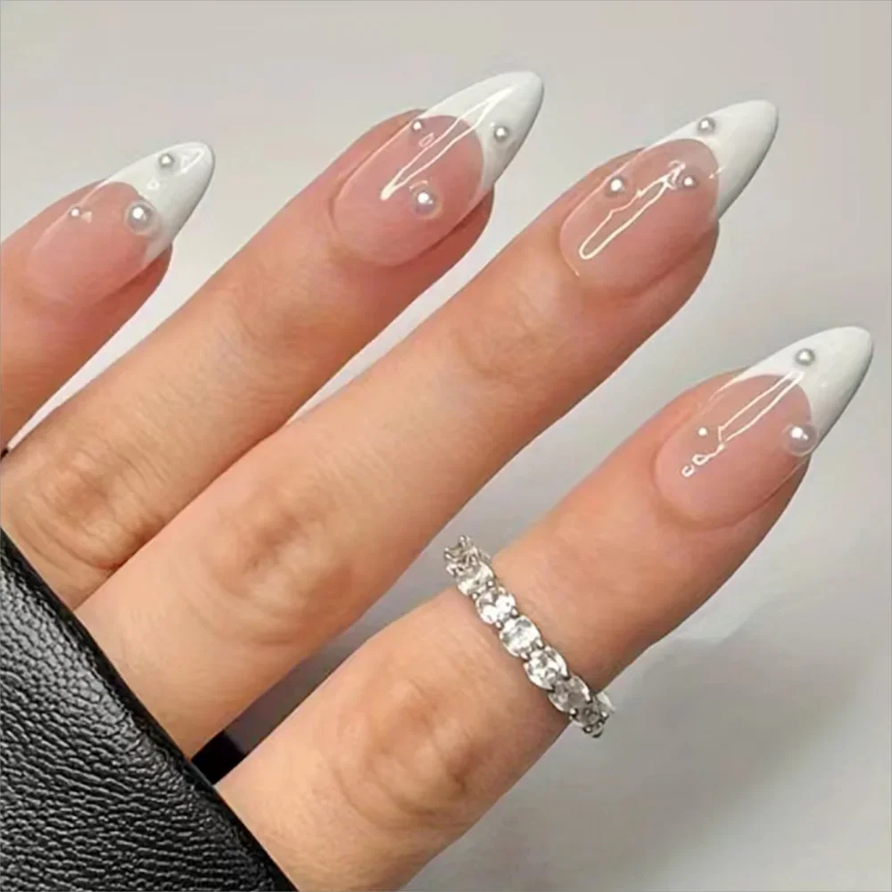 

Girls Women 24Pcs/Set Middle Size Water Droplet Shaped French white edged pearl decorative Full Coverage Fake Nails
