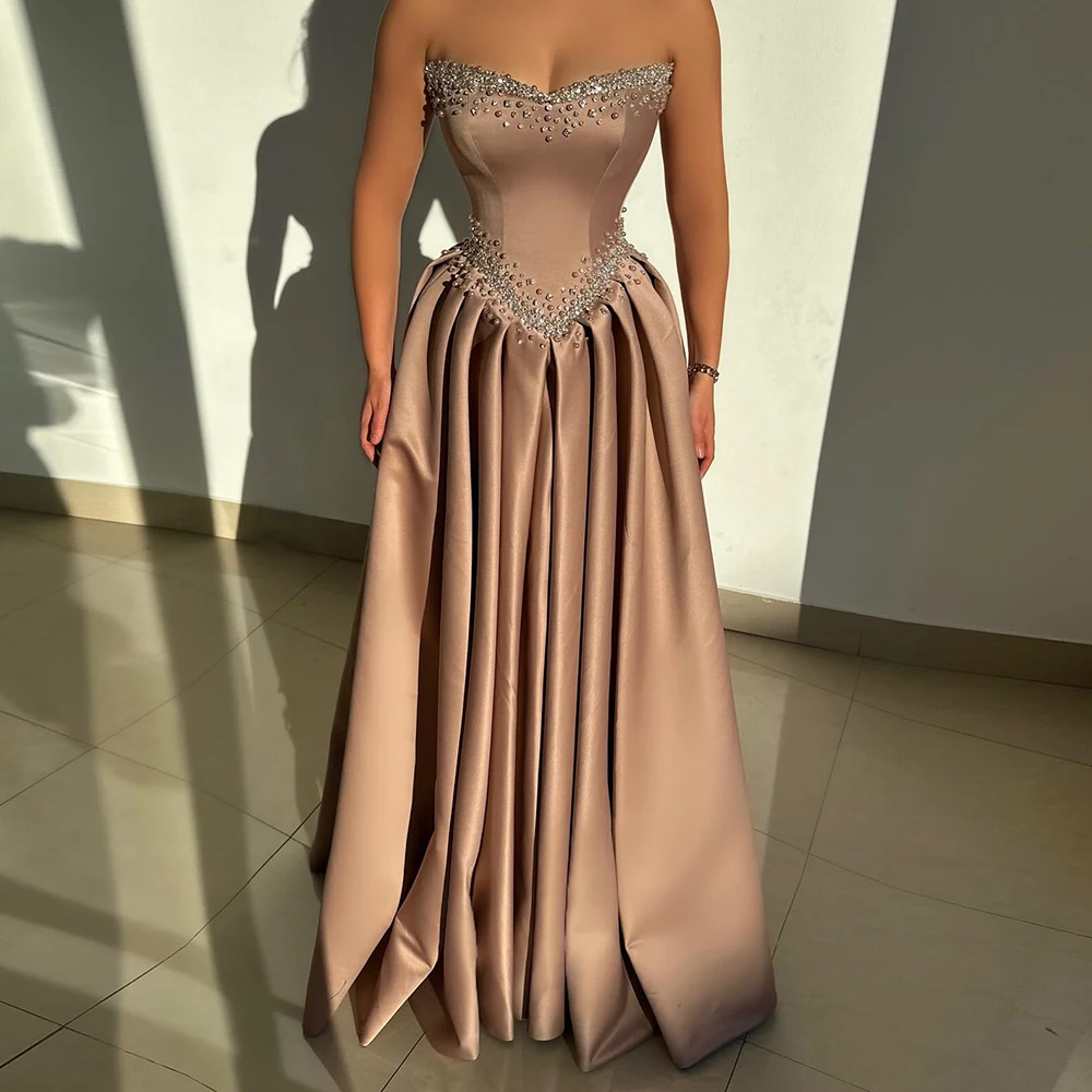 

Customized A-line Evening Dresses Floor-length Strapless Sleeveless Prom Gown Fashion Crystal Beading Simple Draped Party Gown