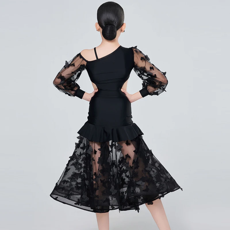 Robes de danse professionnelles pour enfants filles robe de danse latine en maille noire vêtements de danse de salon de valse pour enfants vêtements de scène SL11992
