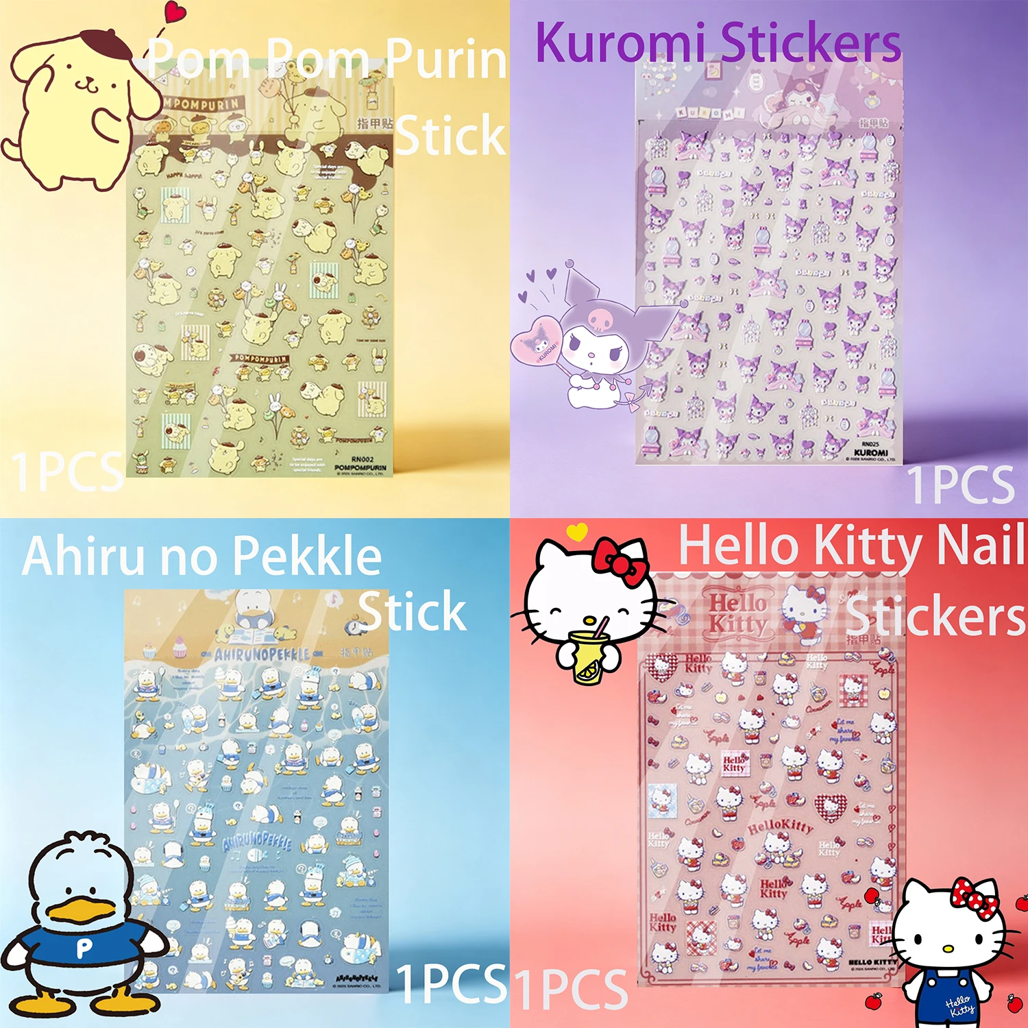 1 Pack 5D Embossed Ahiru no Pekkle Nail Stickers Sanrio Self-Adhesive Nail Art Accessories Cinnamoroll Hello Kitty Nail Parts