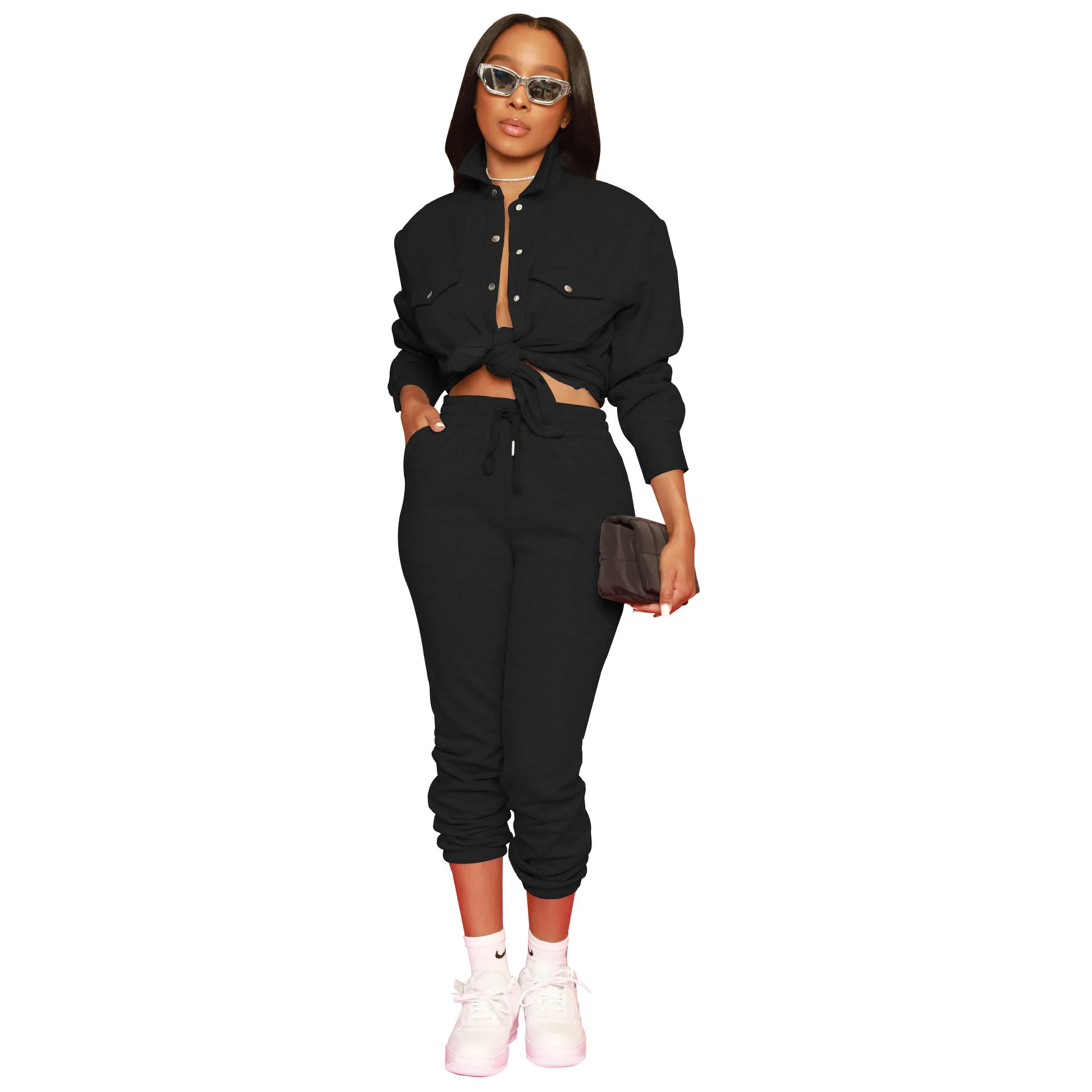 Women Autumn Casual Two Piece Sets Female Long Sleevess Solid Color Slim-Fit Shirt Jacket Tops & Trousers　Pants Suit Outfit