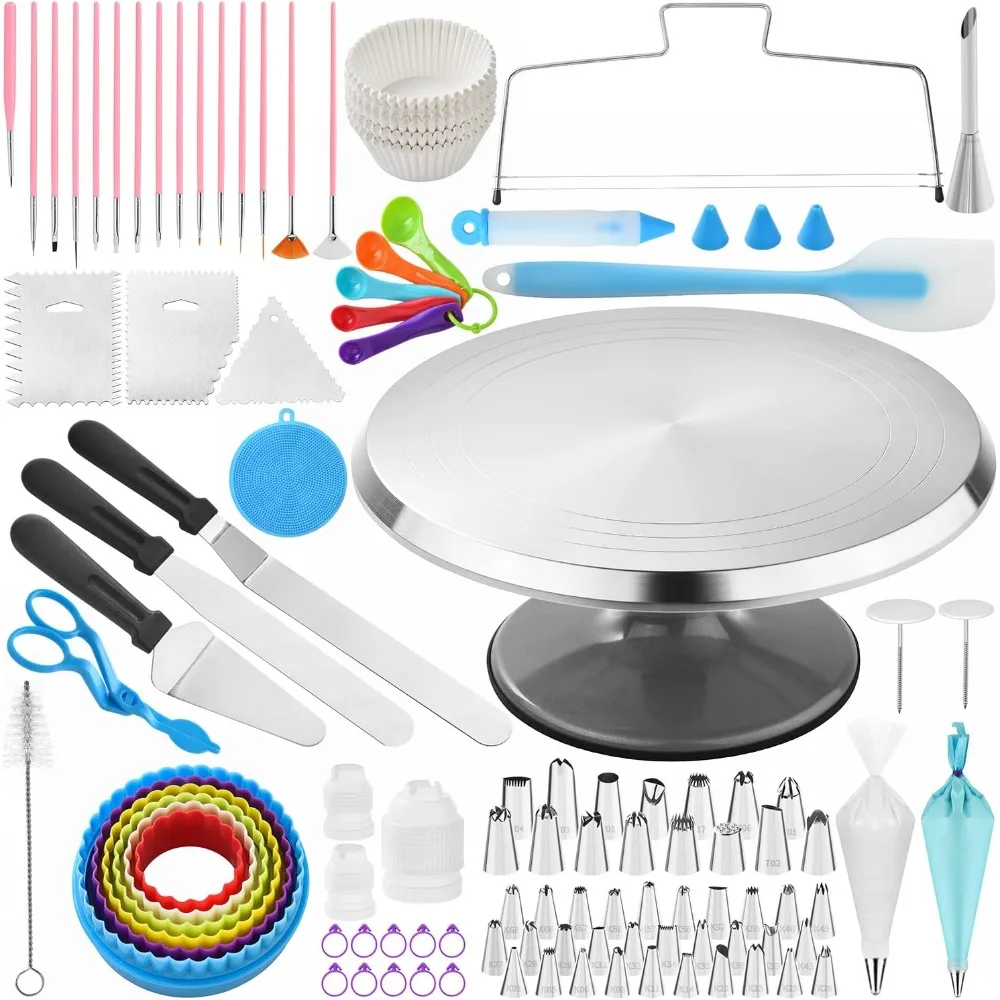 

12" Aluminum Cake Turntable Set, 360° Rotating, w/ Icing Tools