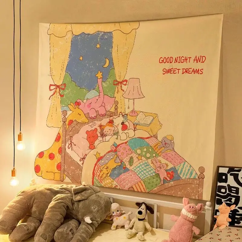 Kawaii Oil Pastel Cartoon Wall Tapestry, Soft Storybook Fabric Art for Kids Room, Cute Pastel Hanging Background for Nursery