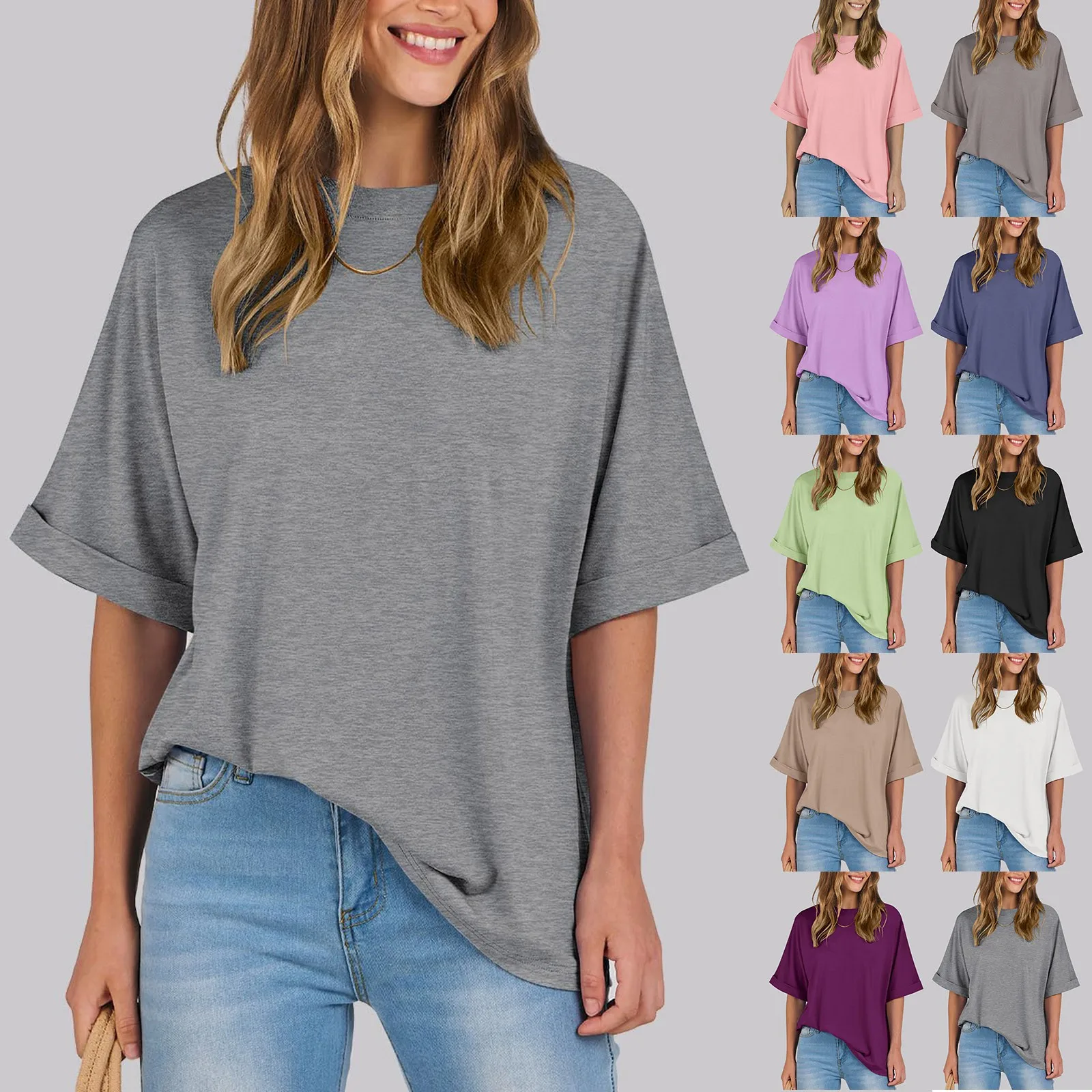 Girls’ Large Size Loose Solid Color Classic Style Round Neck Three Quarter Sleeved T-shirt Top Ice Silk And Comfortable T-shirt