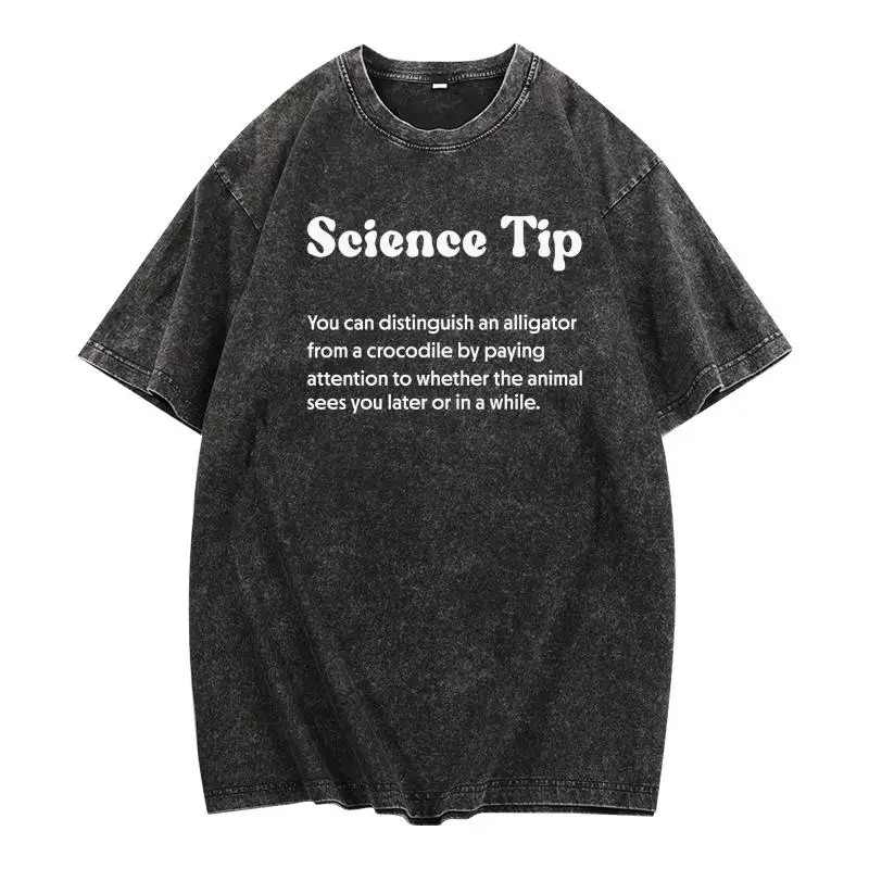 

Vintage Washed T-shirt Science Tip Slogan Tee Funny Alligator Crocodile Graphic Top Humorous Saying Casual Cotton