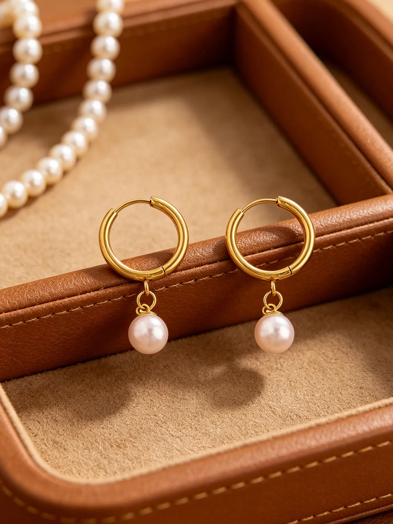 Classic Pearl Charm Hoop Earrings, Anti-allergy Stainless Steel Gold Tone Hoops, Versatile For All Occasions