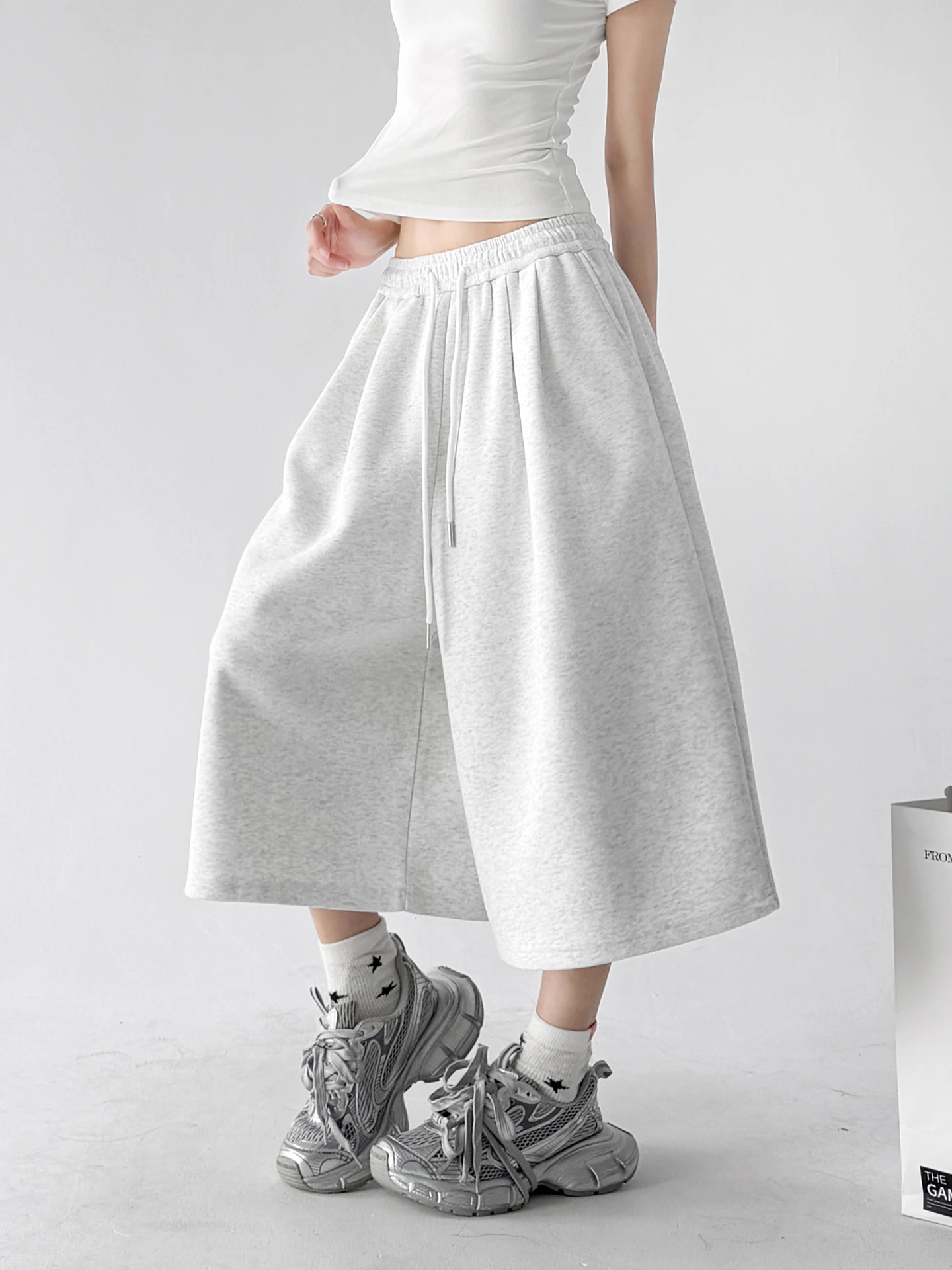 Simple Sport Pants Women's Summer New Thin Drawstring Seven-Foot Loose Straight Large Pocket Sweatpants High Waist Wide Leg