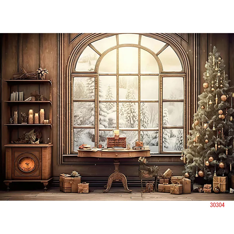 SHUOZHIKE Christmas Tree Photography Backdrop Prop Wooden Doors Snowman Cinema Pine New Year Window Wreath Studio Background