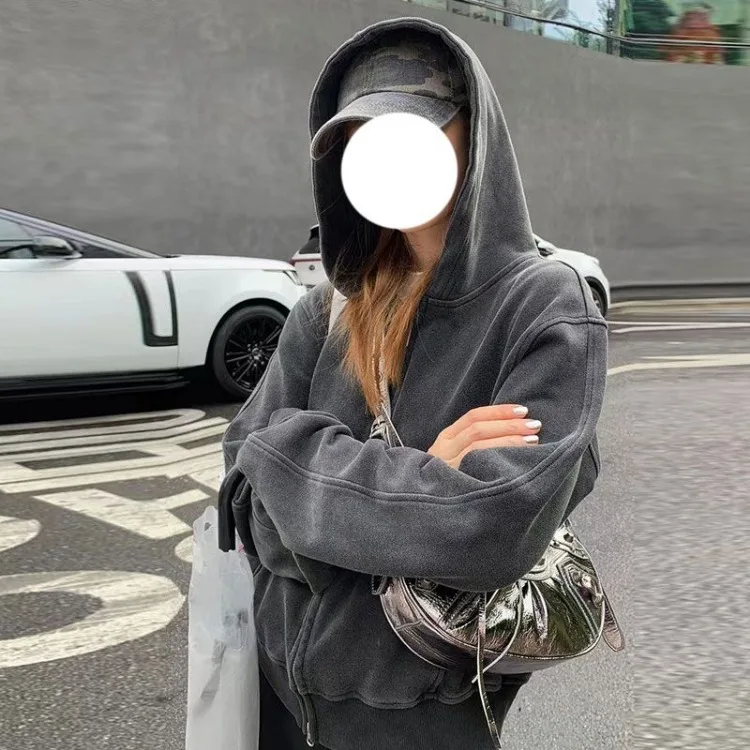 Fashion Vintage Hoodie Sweatshirts Jackets Y2k E-Girl Long Sleeve Zipper Tops Women 2024 New Loose Coats Mujer