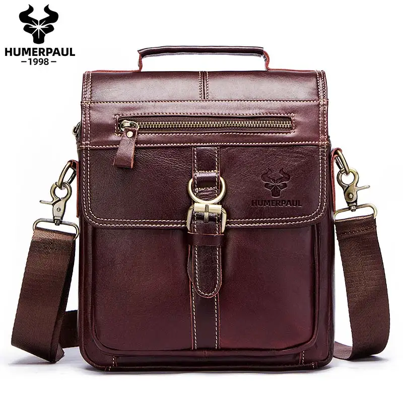 HUMERPAUL 100%Genuine Leather Man's Crossbody Shoulder Bag Multi-Function For Travel Handbags Large Capacity Cow Leather Bag