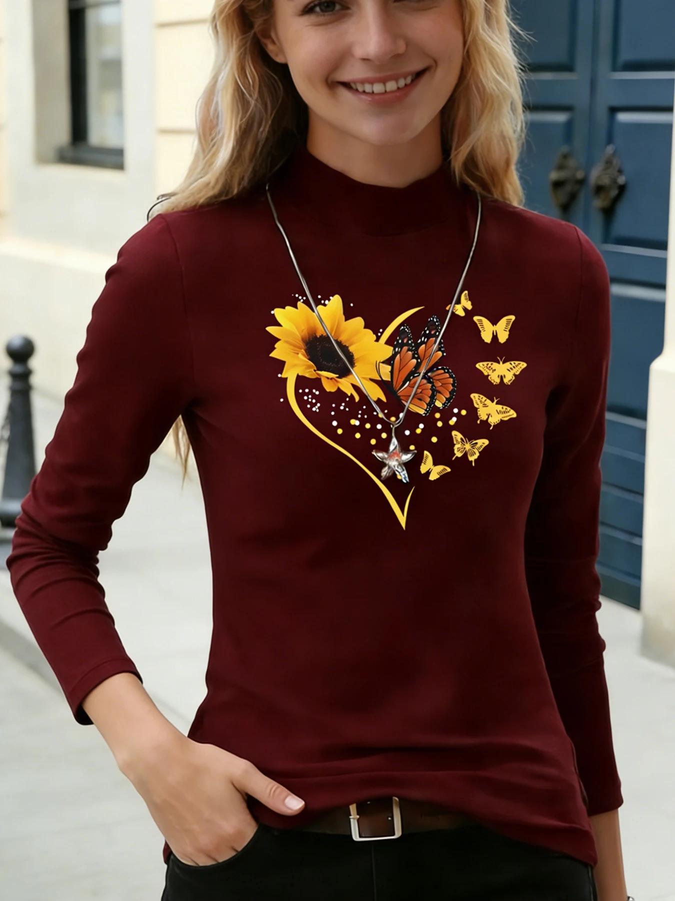 Dames Tops met opstaande hals en lange mouwen Zonnebloem Vlinder Hartprint Casual blouse Basic dagelijks T-shirt Zachte warme top voor dagelijks gebruik