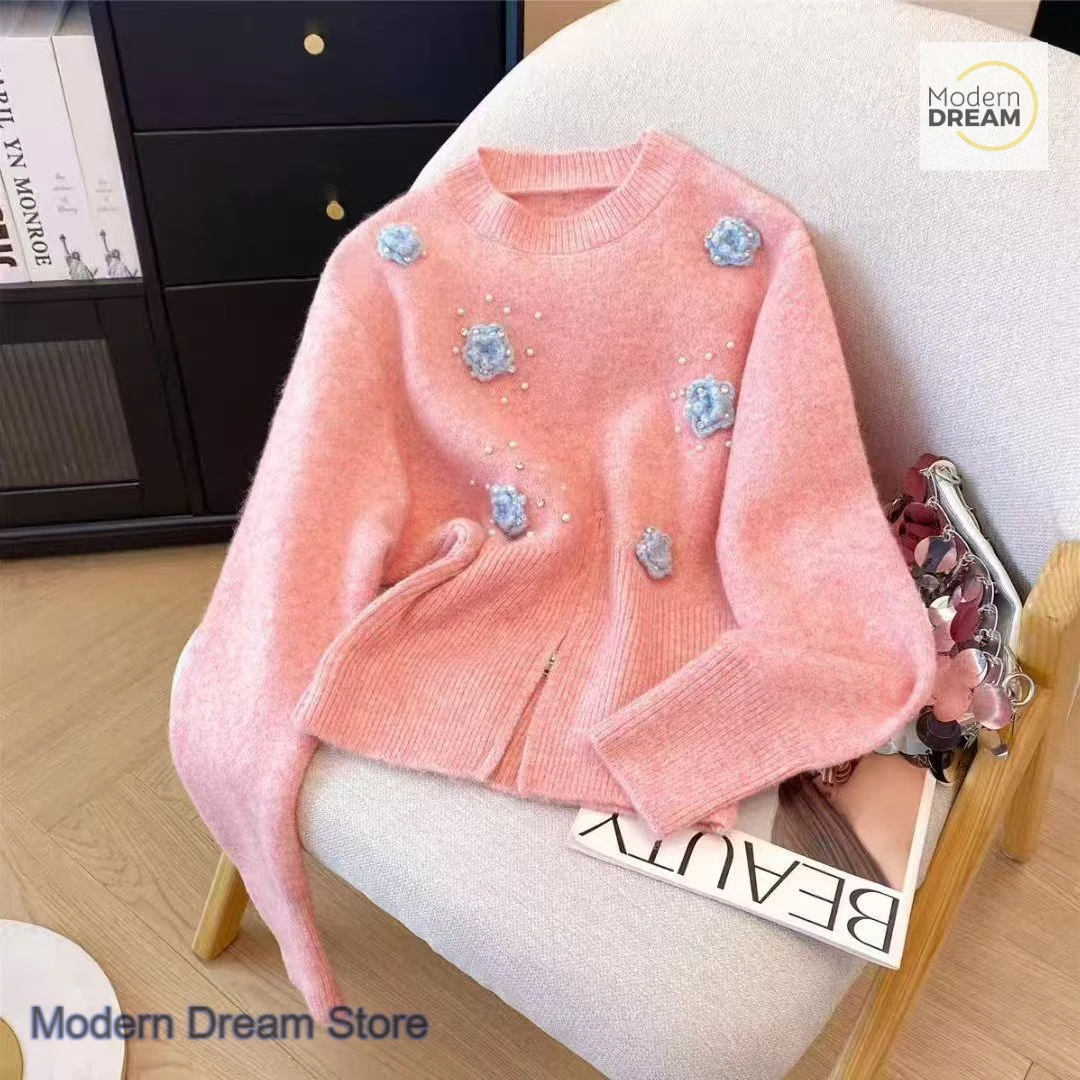 

Korean style beading super good-looking sweater women's autumn and winter new western-style advanced zipper split sweater top