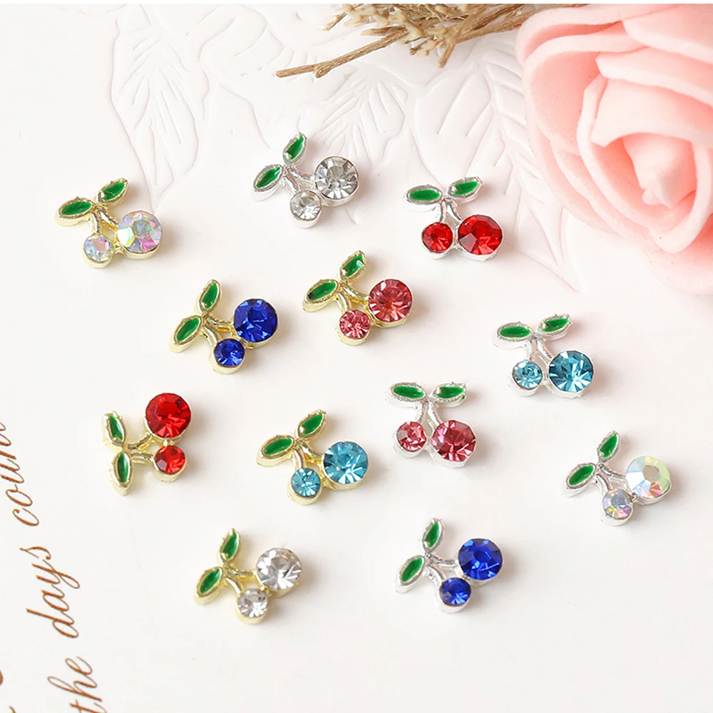 10pcs 3D Sweet Cherry Nail Charm New Metallic Alloy Trendy Glitter Fruit Cherry Nail Jewelry DIY Luxury Nail Accessories