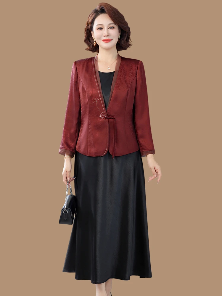 elegant-new-chinese-style-mommy-dress-set-autumn-wear-midi-skirt-elderly-women's-spring-autumn-outfit-traditional-chinese-coat