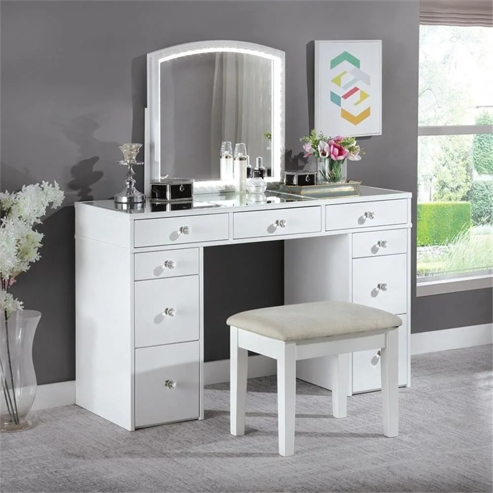 

Solid Wood 3-Piece White Vanity Set – Bedroom Dressing Table with Stool, Mirror & Storage Drawers