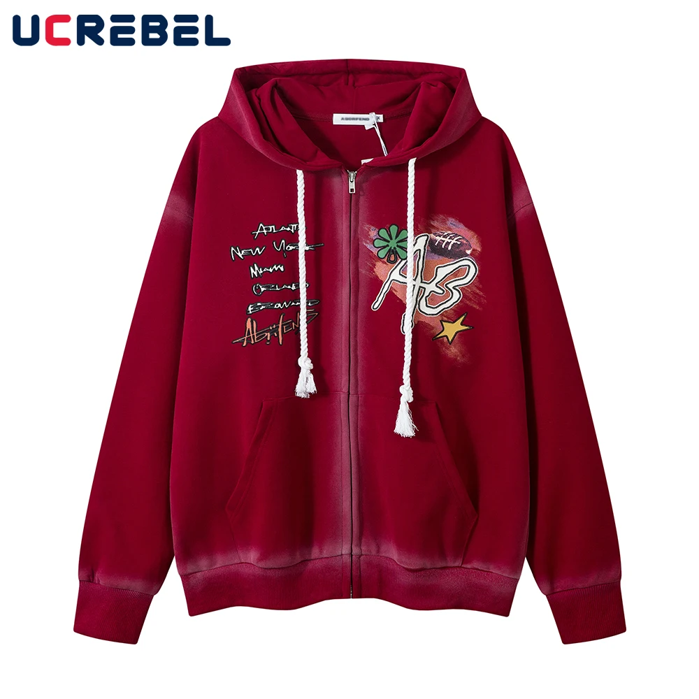 Cartoon Print Hooded Sweatshirts Mens Double-sided Printed High Street Loose Long Sleeve Hoodies Outerwear Men