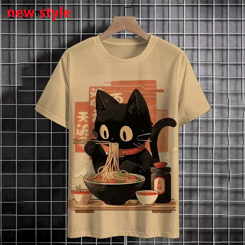 Japanese Ukiyo-E Cute Cat Pattern Round Neck Man T Shirts Short Sleeved Daily Oversized T-Shirt Harajuku Y2k T-Shirt Women Tops