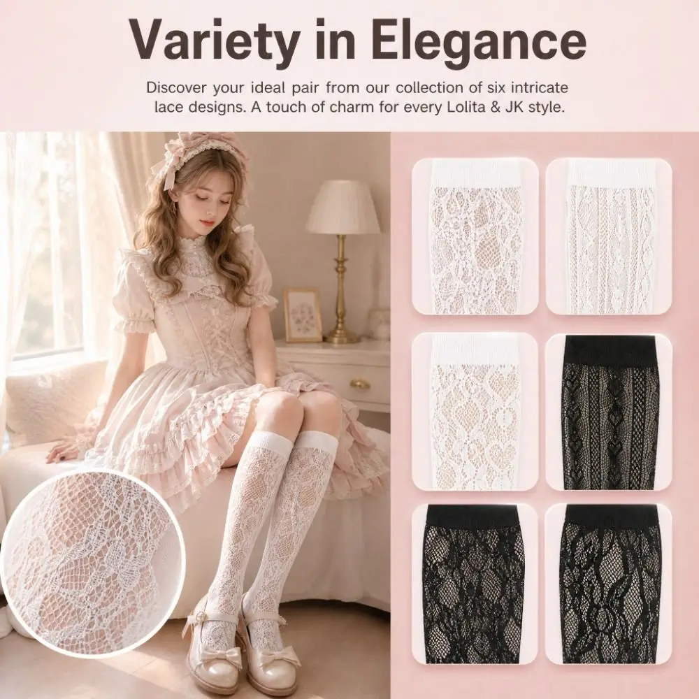 Cute Floral Printed Lace Knee High Socks Sweet Hollow Mesh Stockings Thin Breathable Calf Long Socks Pair with Skirts