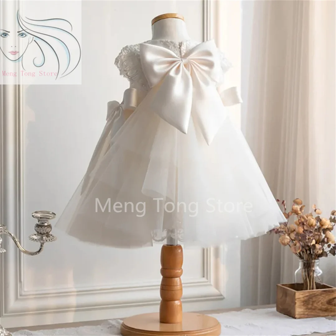 Luxury  Flower Girl Dresses Beige Solid Tiered With Bow Short Sleeve For Wedding Birthday Party Holy Communion Gowns