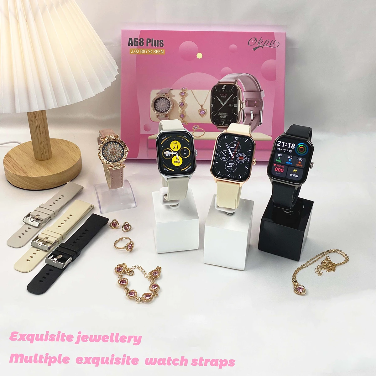 Fashion Smart Watch Gift Box Set + Diamond Quartz Watch + Necklace + Earrings + Ring + Bracelet