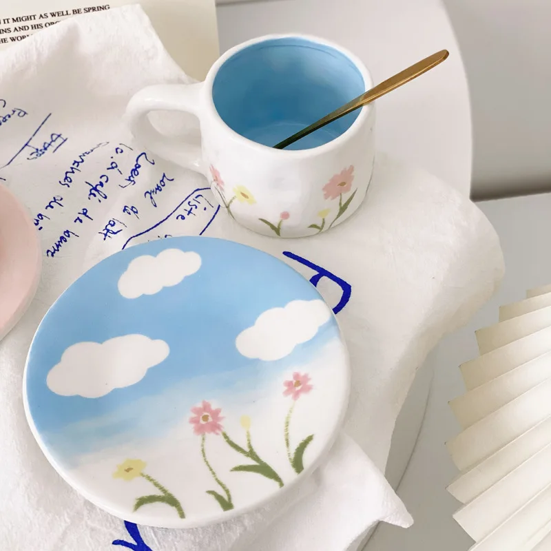 Hand Pinched Painting Korean Cartoon Cute Ceramic Coffee Cup Dish Set, Afternoon Tea High-level Cup Saucer Snack Plate