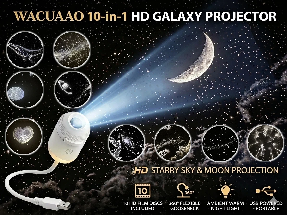 WACUAAO 2-in-1 HD Galaxy Projector, Compact Starry Sky Night Light with 10 Scenes, Portable Planetarium Lamp for Room Decor