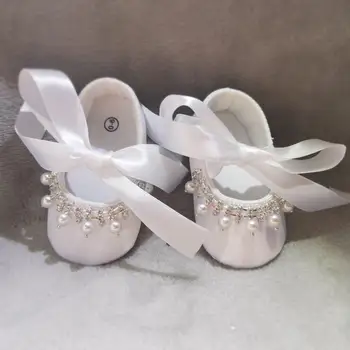 소녀용 돌블링 오프 화이트 실크 세례, 사진 꽃 아기 진주와 다이아몬드 새틴 신발, 부드럽고 편안한 유아 신발