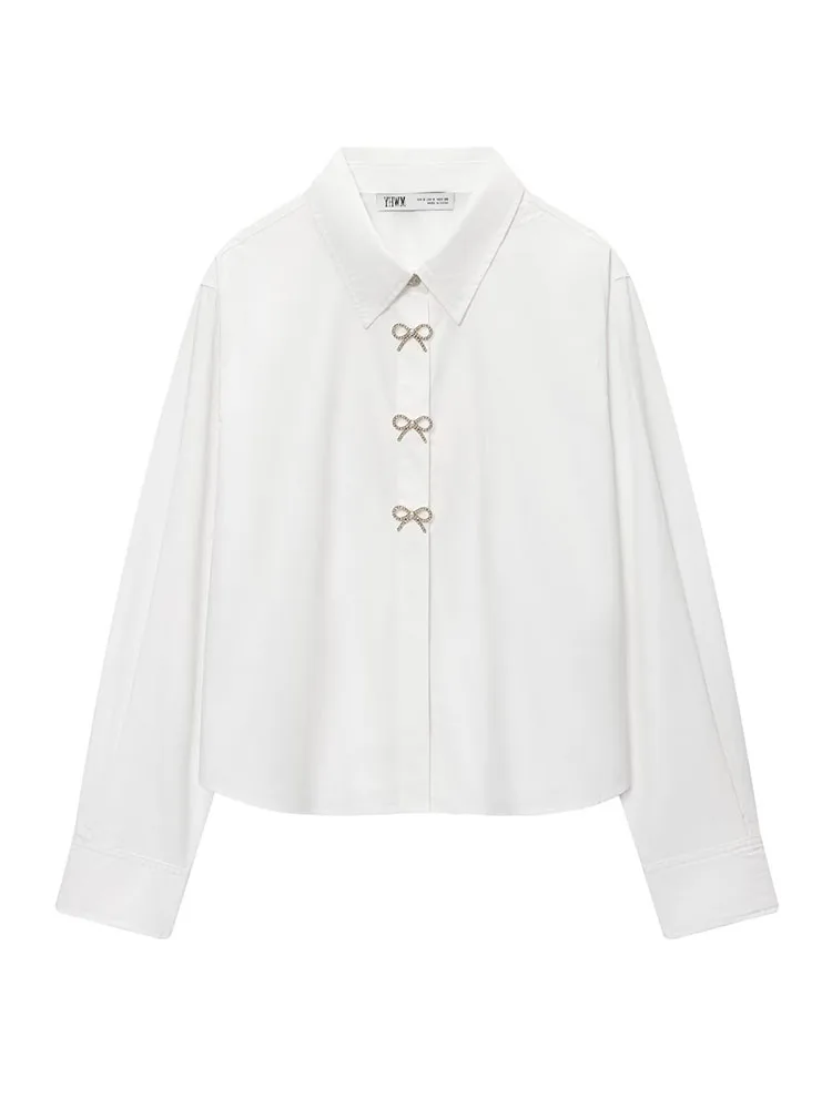 

HH Women Fashion Versatile Jewelry Button Decorated Poplin Lapel White Shirt Female High Street Casual Long Sleeve Shirt Mujer