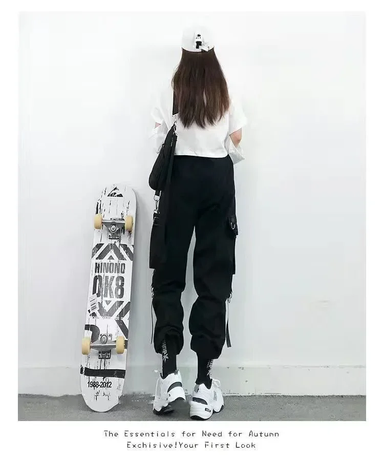 Schwarze Freizeithose für Damen im Frühling und Herbst, koreanischer Stil, Ins Hip-Hop-Student, lockere, hoch taillierte, schmal geschnittene Cargohose, trendig – Detail 9