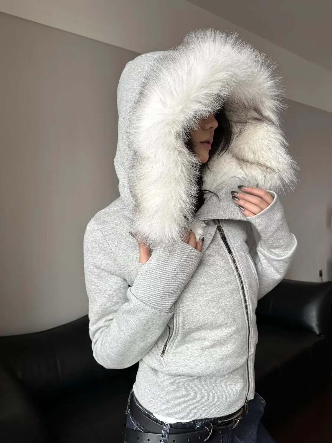 Women American Vintage Fur Lined Hoodie Jacket Slim Fit Short Faux Fur Collar Warm Zip-Up  Autumn Winter Streetwear Parka Coat