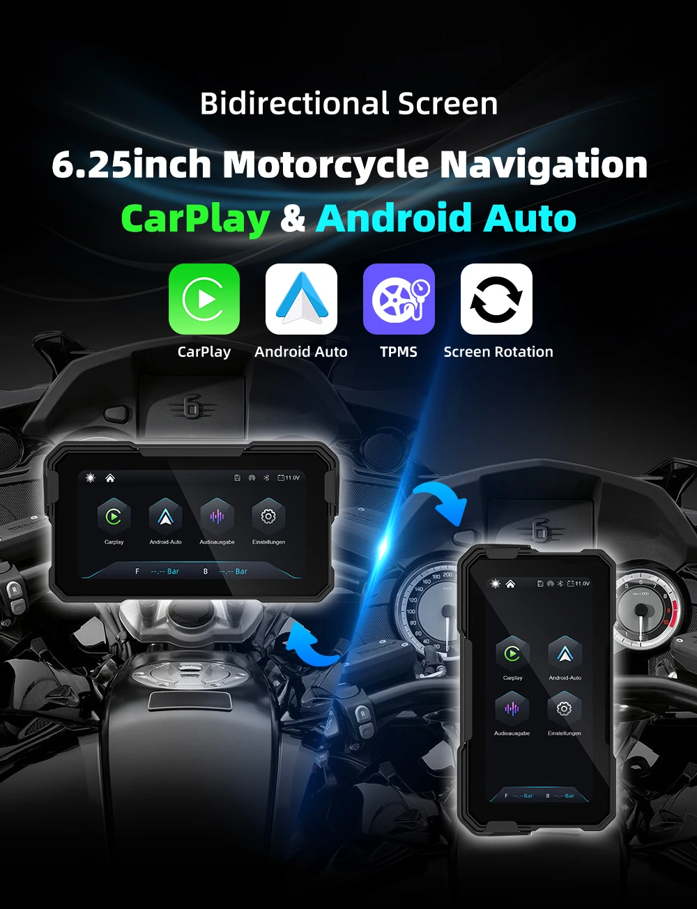 EKIY 6,25 Zoll Kabelloses CarPlay Moto Android Auto Tragbares Digitales Motorrad-Dashboard GPS-Navigation Abnehmbarer Bildschirm – Detail 1