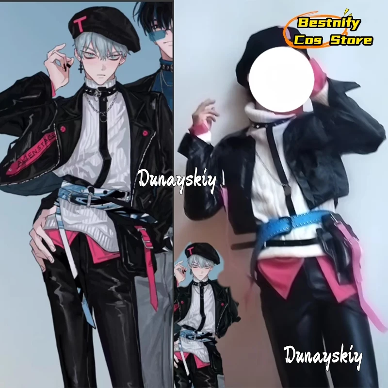 エイリアンステージ-黒のベレー帽,コスプレ衣装,ロールプレイングカード,アニメパーティー服の短いバイカージャケット