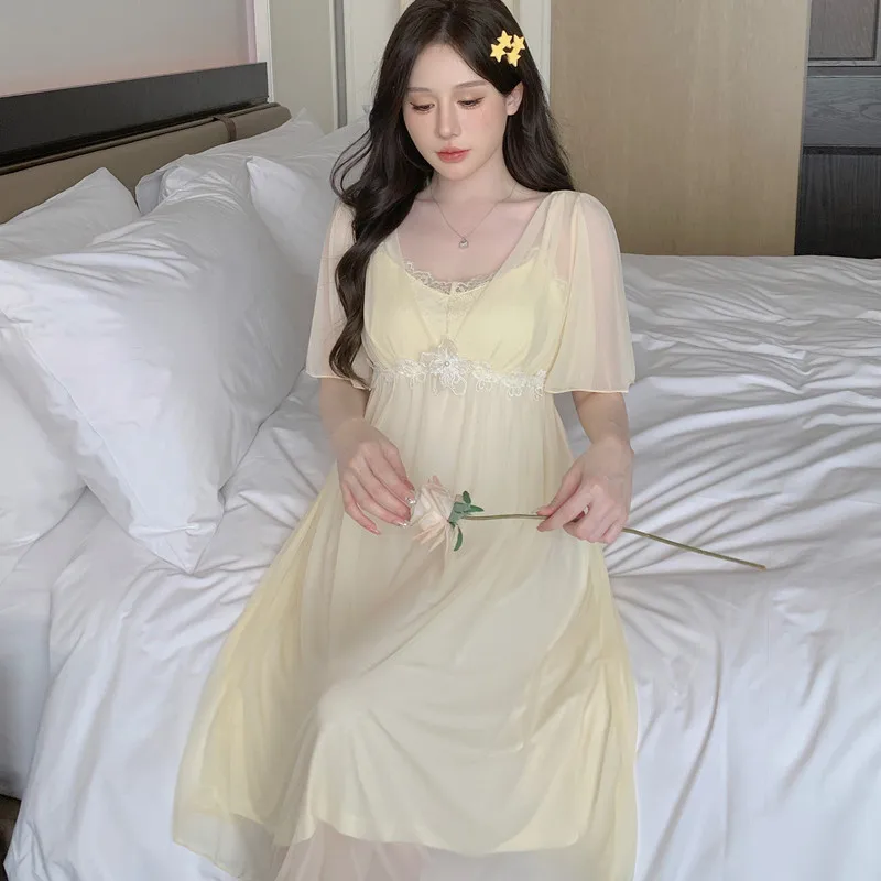 Summer Mesh Lace Sleepwear Gown Female Nightdress Bathrobe Dress Loungewear Elegant French Style Nightgown Sleepshirt Home Wear