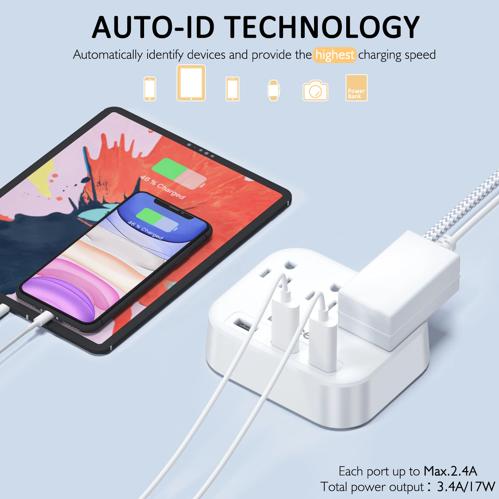 LENCENT Power Strip with 3 AC Outlets 3 USB 3 Prong to 2 Prong Outlet Adapter 6.6ft Braided Extension Cord with Polarized Plug