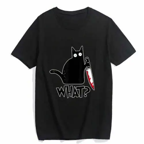 T-shirts for Women Cat What Funny Black Cat Shirt Cat with Knife Casual Summer