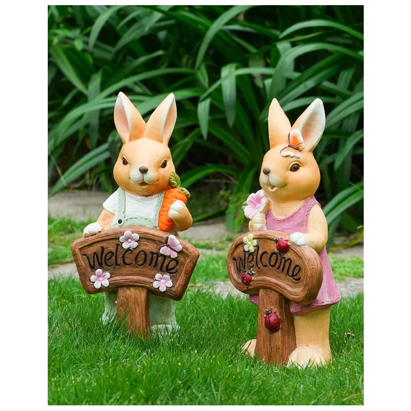 Cute Cartoon Rabbit Welcome Sign Ornament Waterproof Resin Statue for Garden Balcony Courtyard Scene Layout Decoration