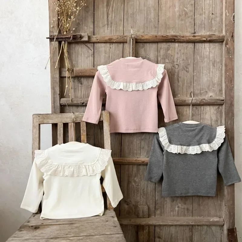 New Spring Autumn Kids Girl T-shirt Lace Collar Pure Cotton Gray Pink Apricot Solid Color Long Sleeves Tee Doll Shirt Top H2428