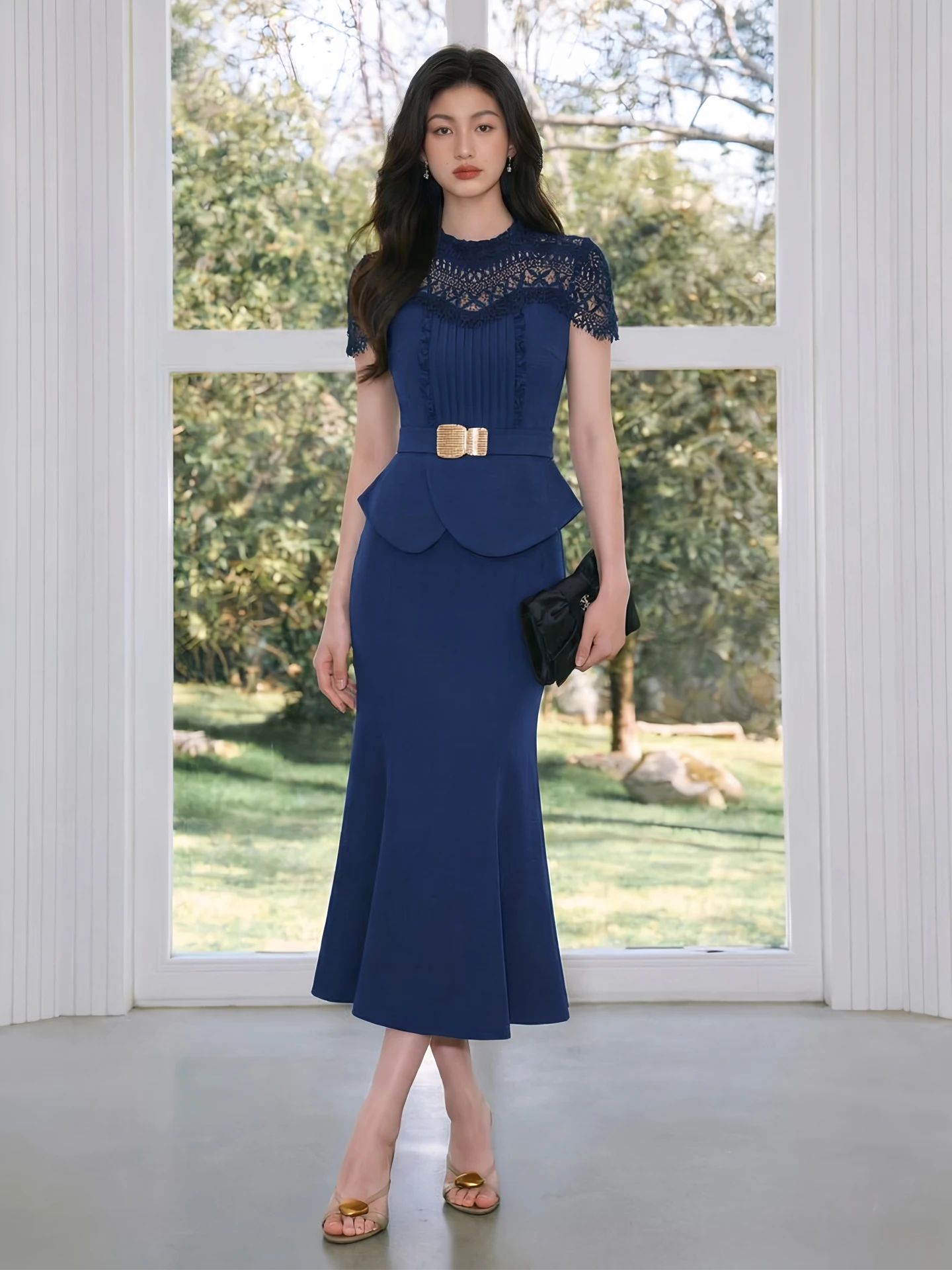

Roman Original Deep Blue Fashion Waist-Cinched Hollow out Top with Fish Tail Half Skirt Two-Piece Set for Women 2026 Spring