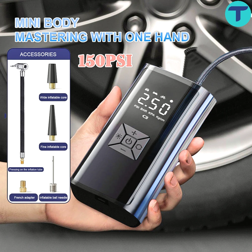 T Cordless Tire Inflator Portable Car Air Compressor 150PSI Electric Air Pump with Pressure Gauge LED Light 6000mAh USB Recharge