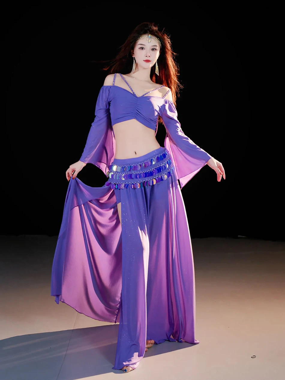 Prestatiekostuums 2-delige set Sexy split-top en rok Volwassen vrouwen Buikdans Show Oefenkleding Danskleding